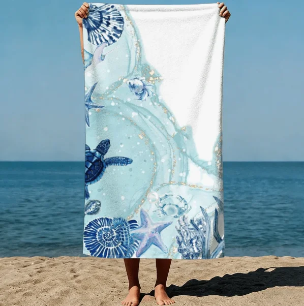 1pc Summer Boho Style Towel Marine Life Art Sea Turtles Fish and Starfish Teal Background Watercolor Painting Style Beach Towel