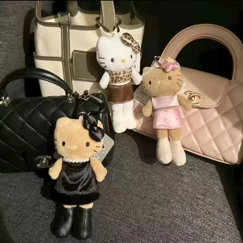 Portachiavi Peluche Sanrio Hello Kitty Nero 15cm, Ciondolo per Zaini da Ragazza, Simpatici Portachiavi Leopardati Hello Kitty