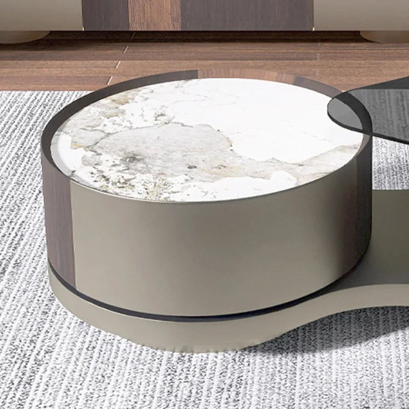 Zestaw Stolików Kawowych do Salonu Okrągły Inteligentny Stolik Boczny z Marmuru i Kamienia Spiekanego Włoski Design Stal Nierdzewna