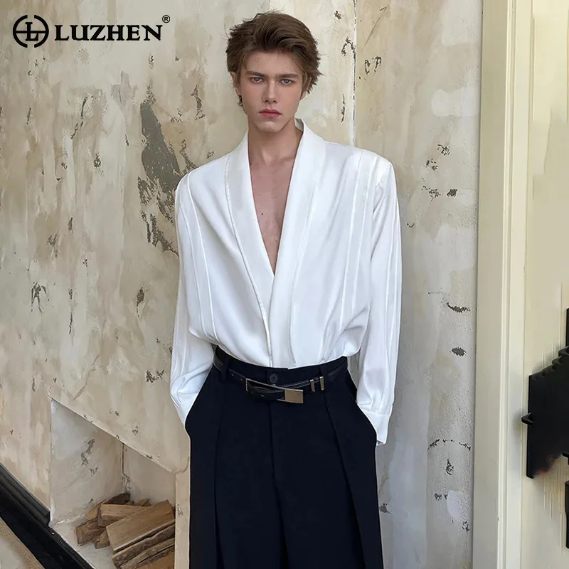 

LUZHEN 2025 New Luxury Elegant Stripe Textured Big V Neck Long Sleeve Shirts Men's Fashion High Quality Solid Color Tops JY3244
