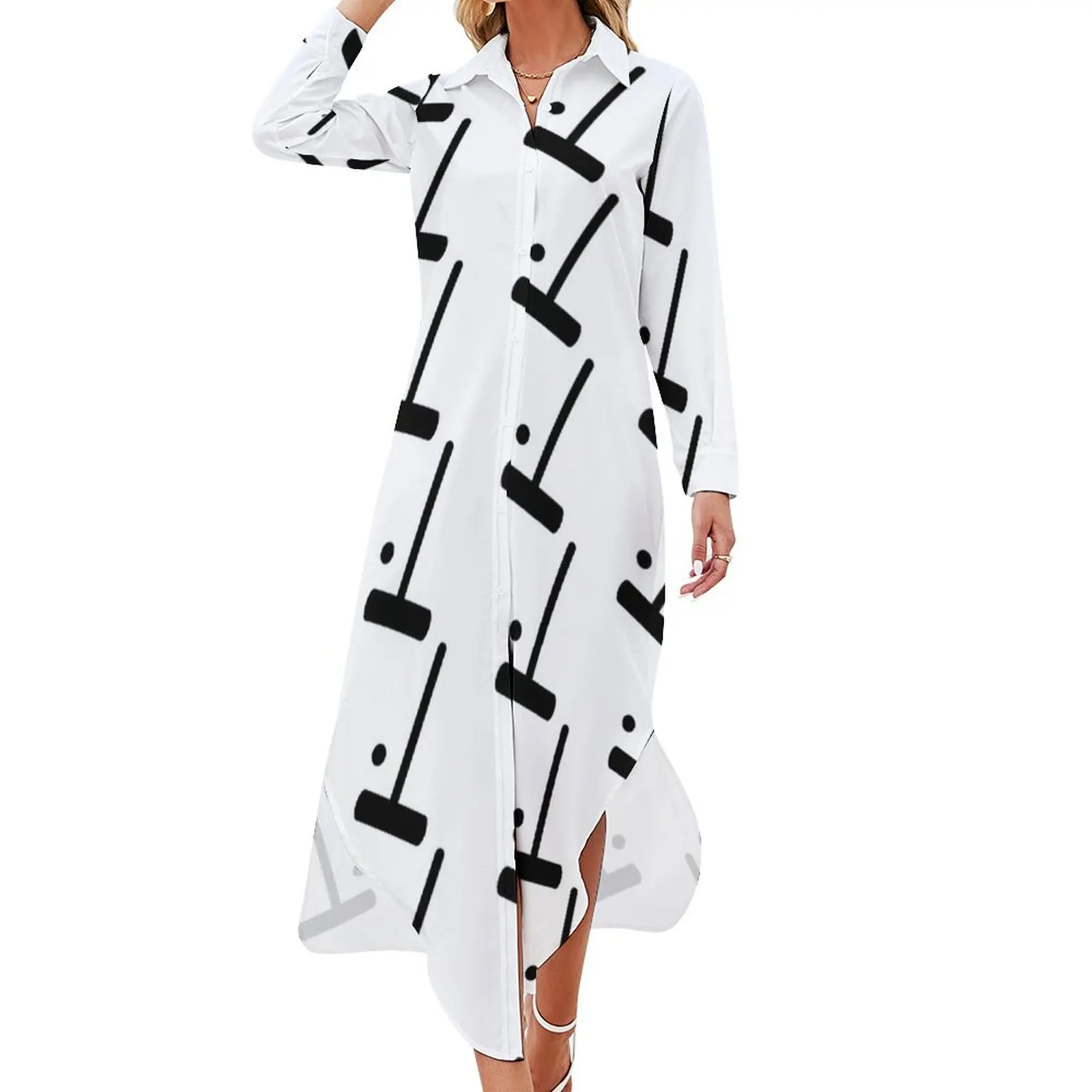 

Silhouetted Croquet Mallet and Ball Patterned Long Sleeved Shirt Dress Dresses Long dress woman