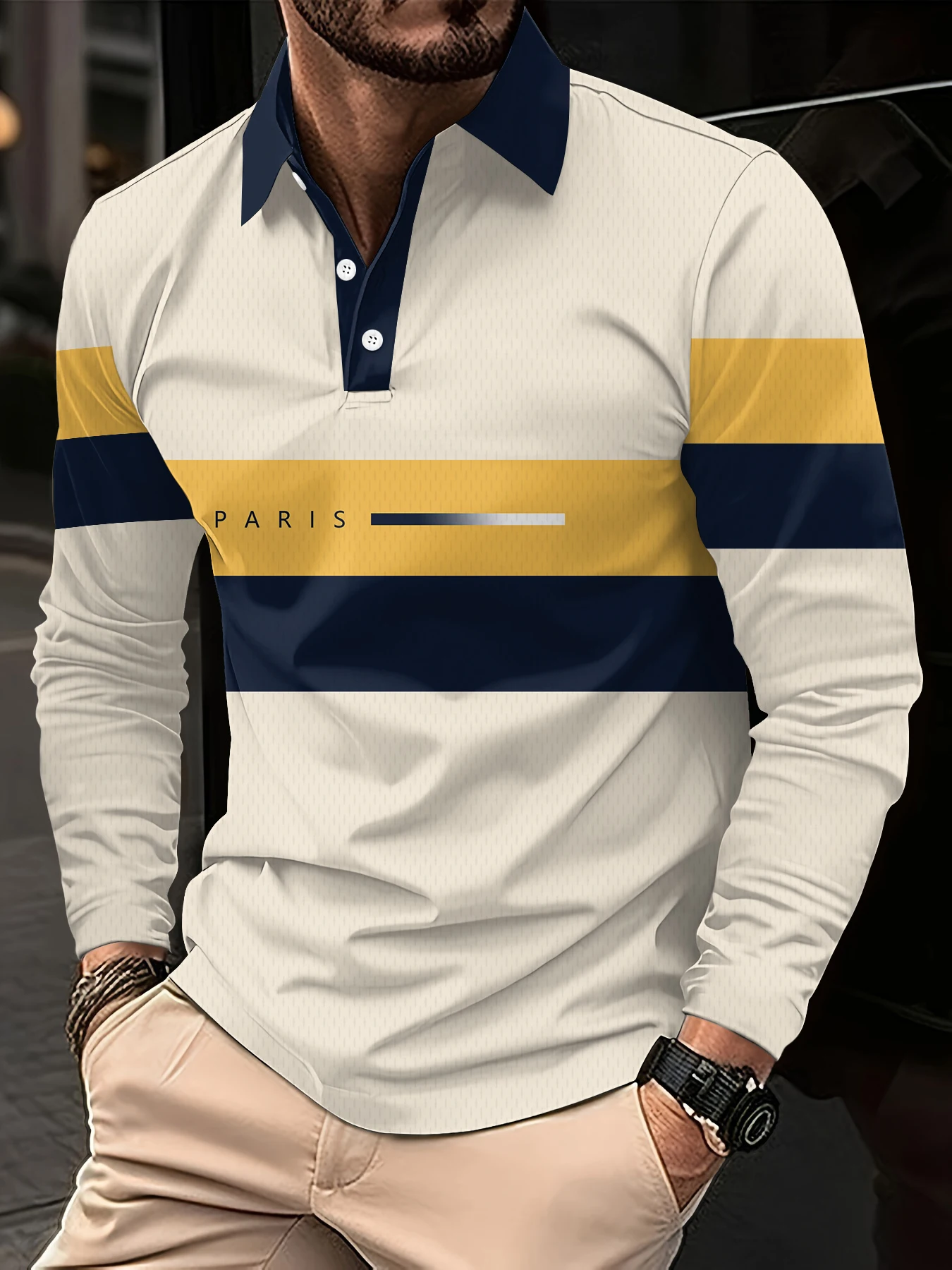 

Men's Color Block Pattern Long Sleeve Polo Shirt Outdoor Business Casual Button Pullover Autumn Winter Loose Comfortable Clothes