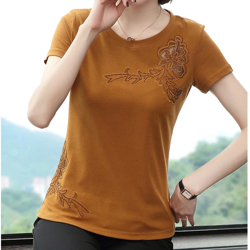 

2022 Tshirts For Women Cotton T Shirt Women Korean Clothes Short Sleeve Tee Summer Black Hollow Ou Hot Drill Top Tee Shirt Femme