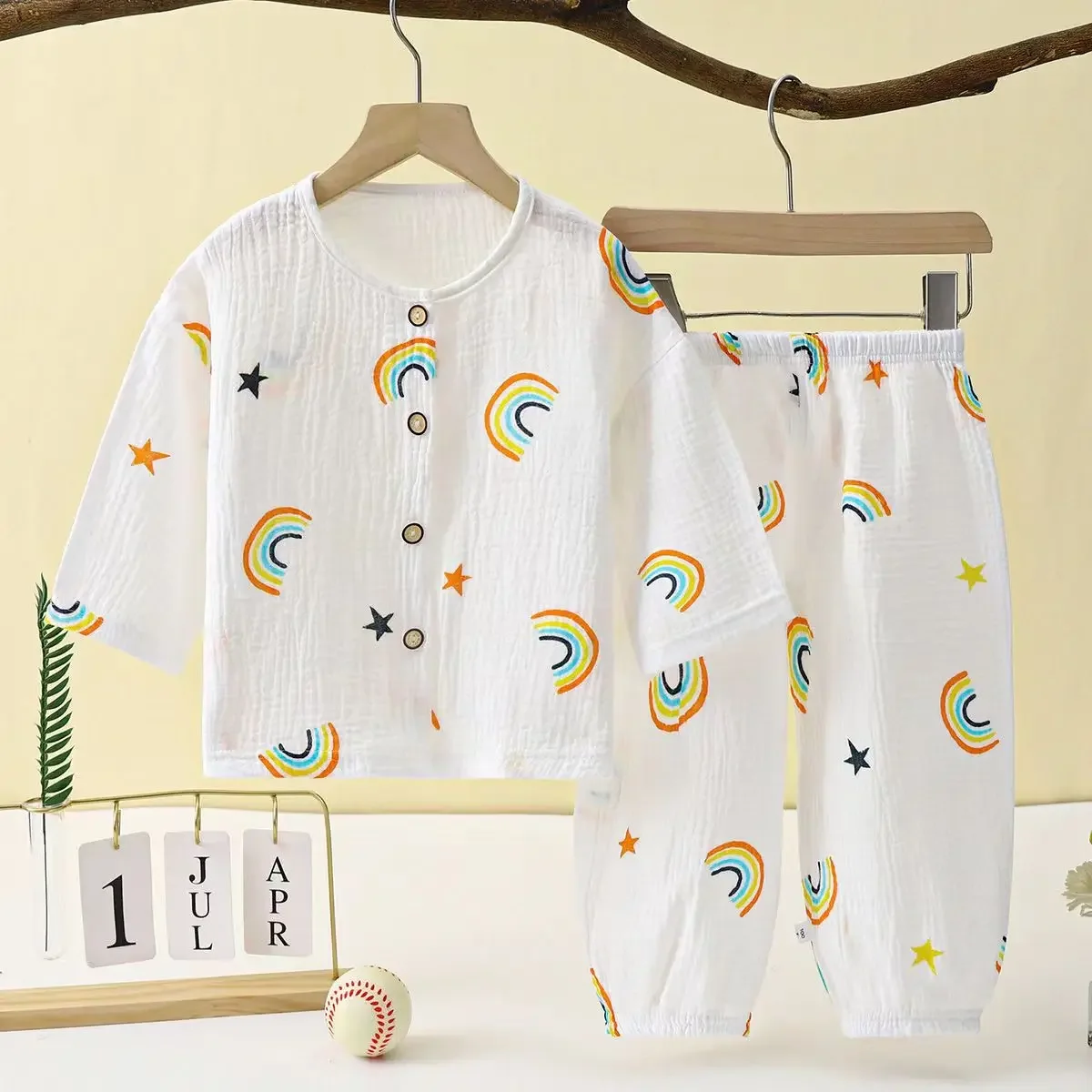 

Children's double-layer cotton gauze set summer thin girls' loungewear loose boys' long-sleeved air-conditioned pajamas