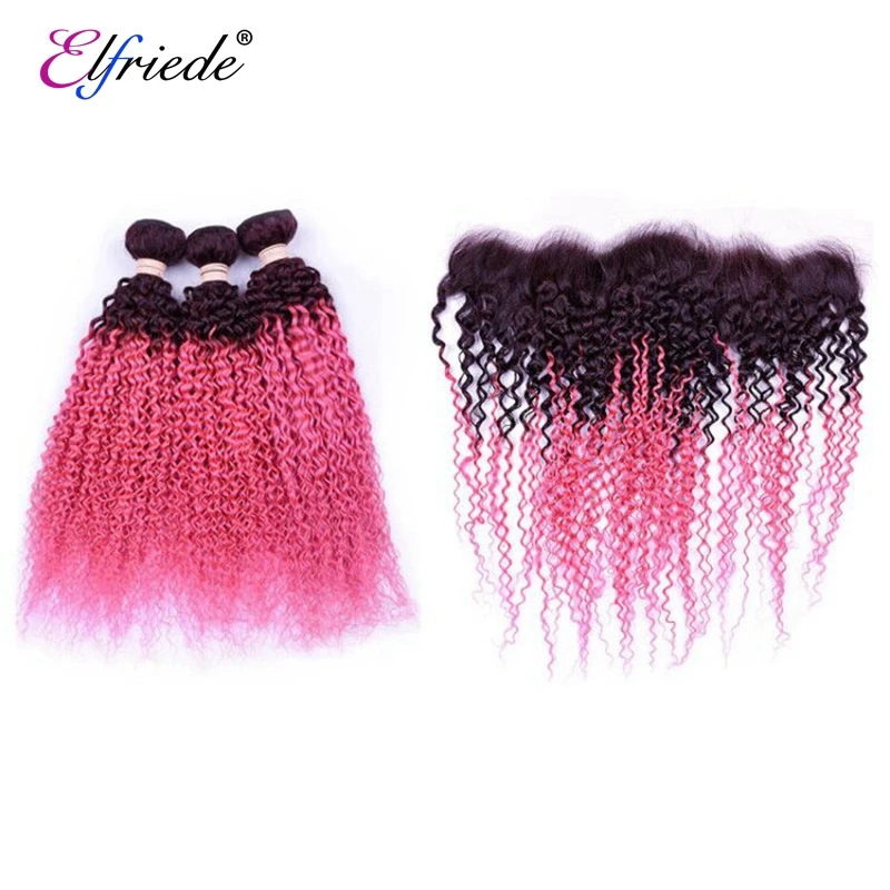 Elfriede #T1B/Pink Kinky Curly Ombre Colored Hair Bundles with Frontal 100% Human Hair Weaves 3 Bundles with Lace Frontal 13x4