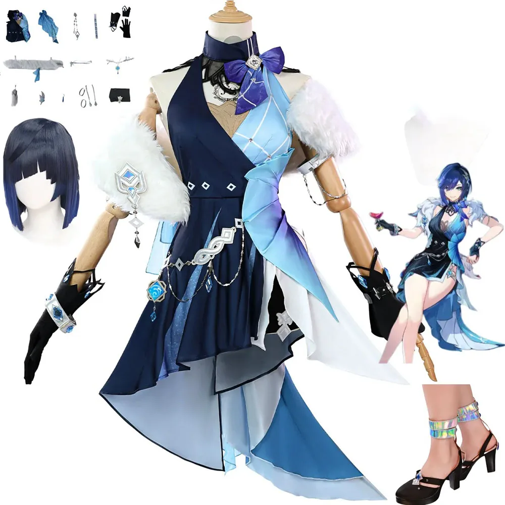 

Anime Game Yelan Cosplay Costume New Skin Black Purple Dress Waist Ornament Wig Shoe Woman Halloween Carnival Party Dress Up