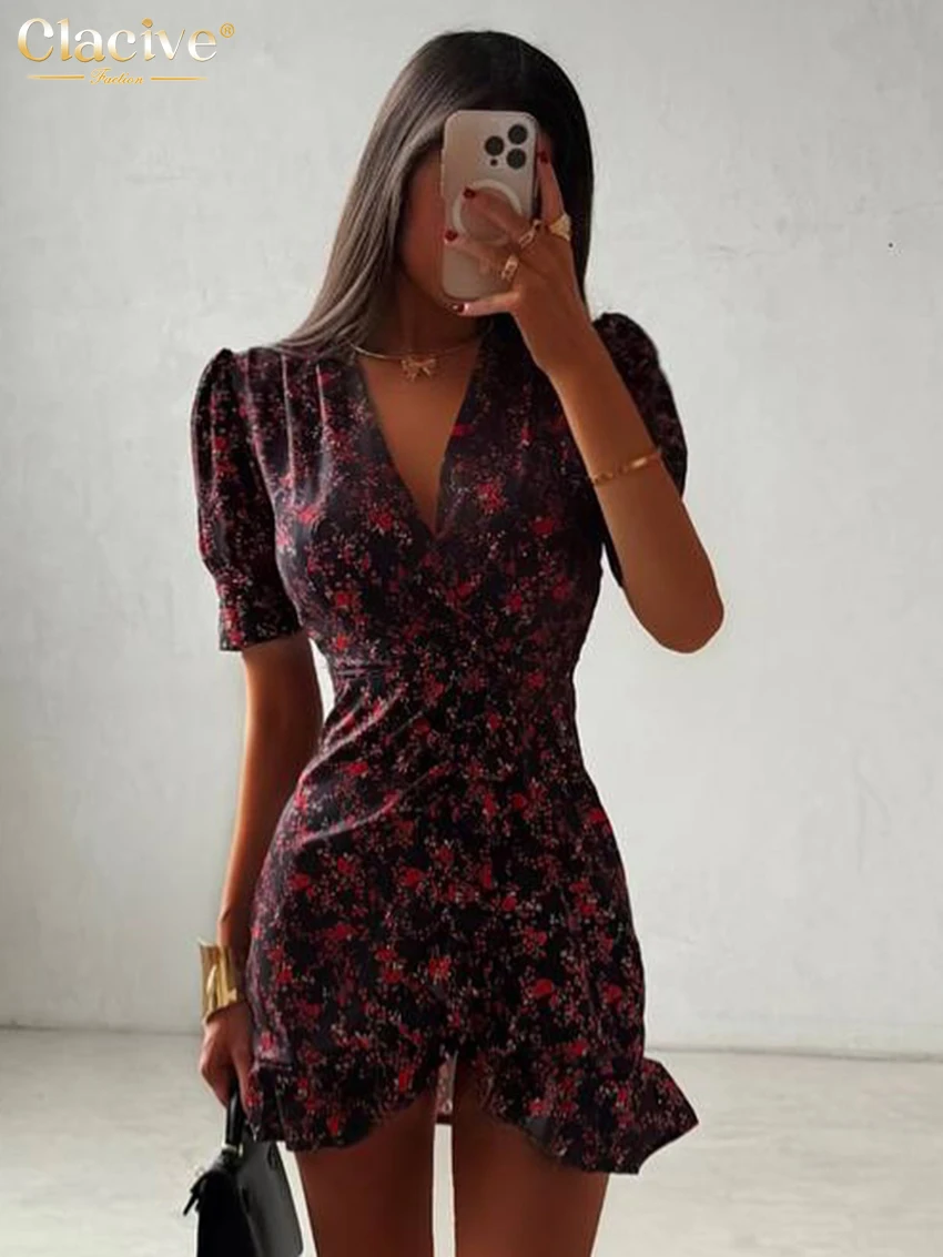 

Clacive Fashion Slim Print Women Dress 2026 Summer V-Neck Short Sleeve Mini Dresses Lady Elegant Classic High Waist Female Dress