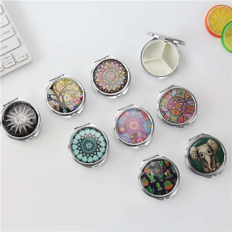 3 Compartments Pill Box Travel Pill Splitters Case Container Vintage Medicines Pillbox With Mirror Drugs Box