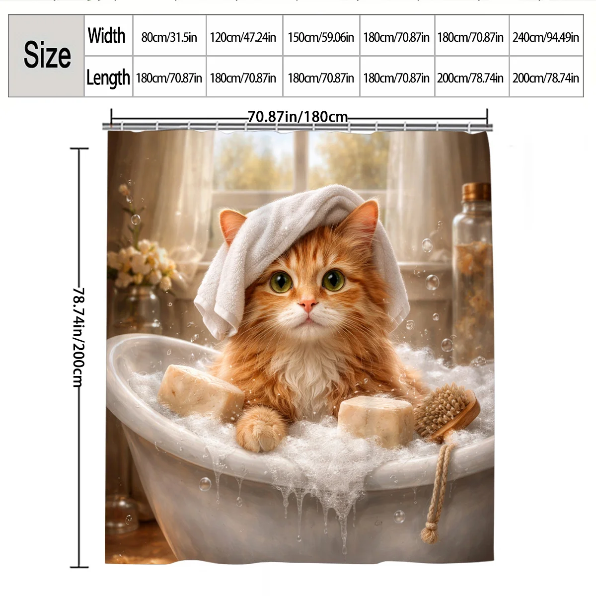 2D Flat, 1pc 2D Flat Bathing Ginger Cat Shower Curtain, Bathroom Decor, Multi-Size Options (80X180Cm, 120X180Cm, 150X180Cm, 180X view 2