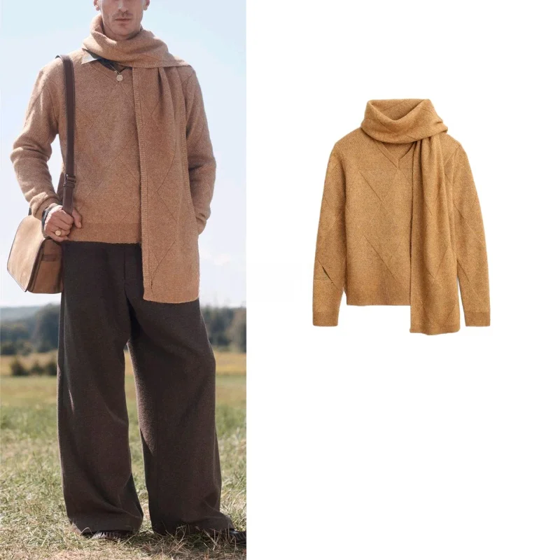 

Autumn Winter New Men's Loose Knitted Sweater with Scarf Long Sve V-Ne Tassel Polyester Casual Comfortable Breathable
