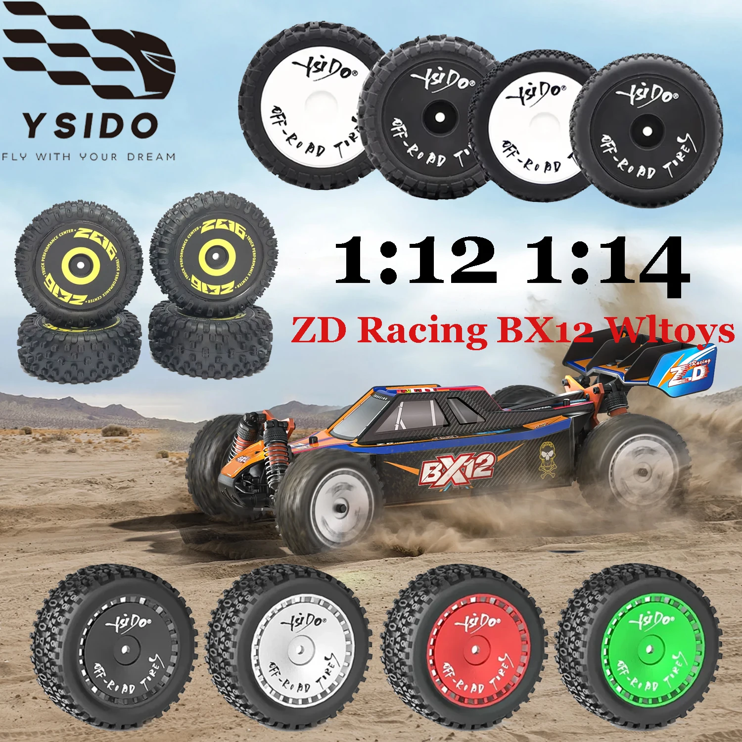 

4PCS YSIDO 1/12 1/14 RC Off-Road Car Front Rear Rubber Tires Wheel for ZD Racing BX12 Wltoys 144001 144010 124016 124017 124008