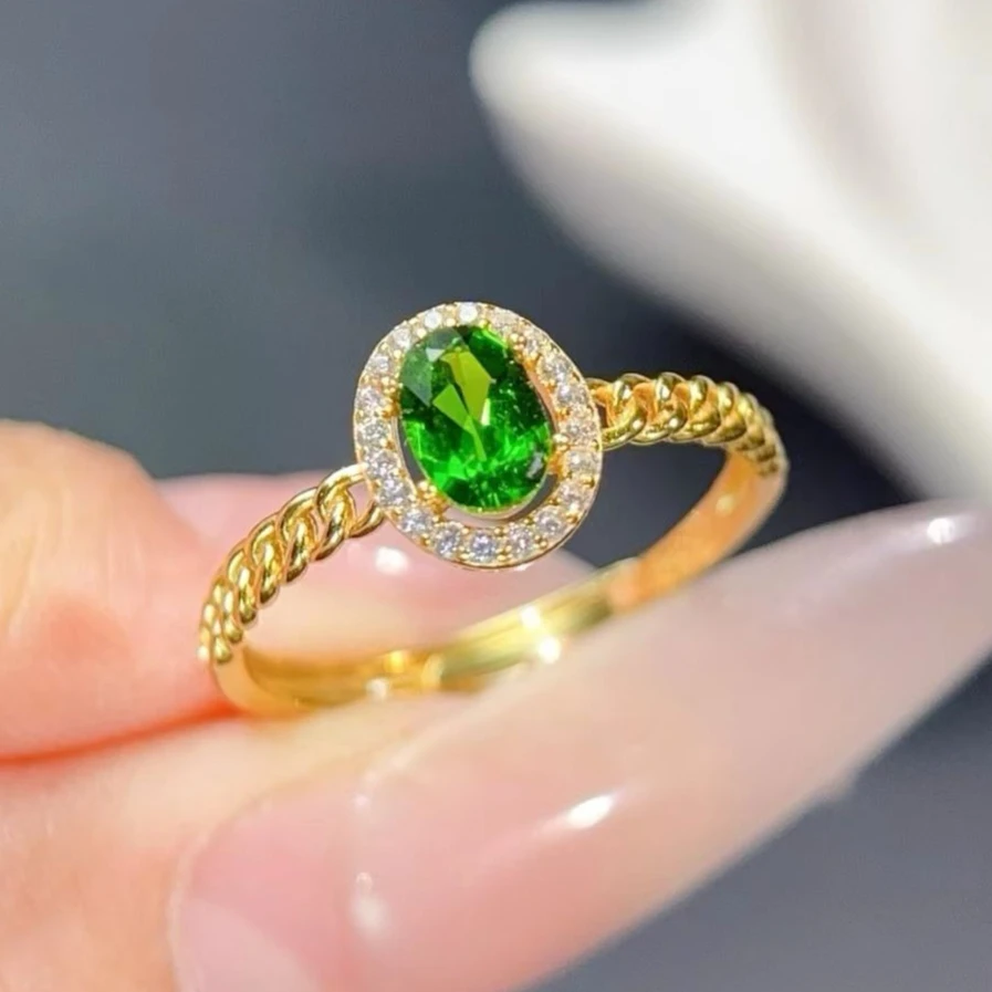 925 Silver Chain Band Ring 4x6mm 0.5ct Natural Diopside Ring with Certificate Genuine Chrome Diopside Silver Jewelry