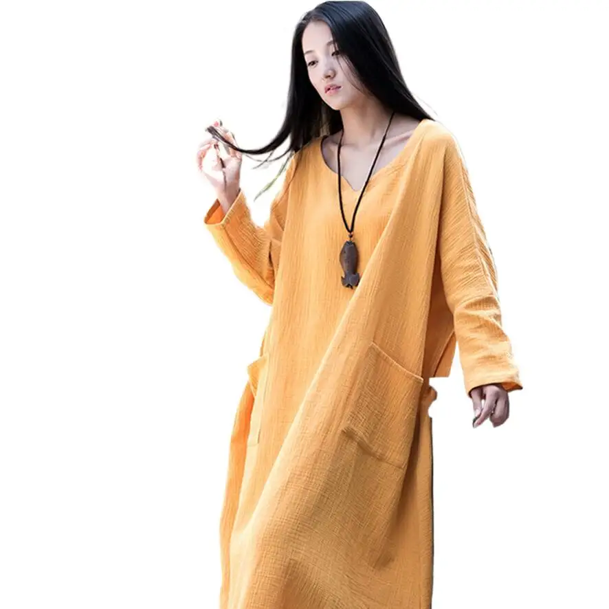 

Autumn Summer Cotton Linen Dresses plus size Women Loose Maxi Dress Solid Long Sleeve Vintage Long Dresses Oversize vestidos