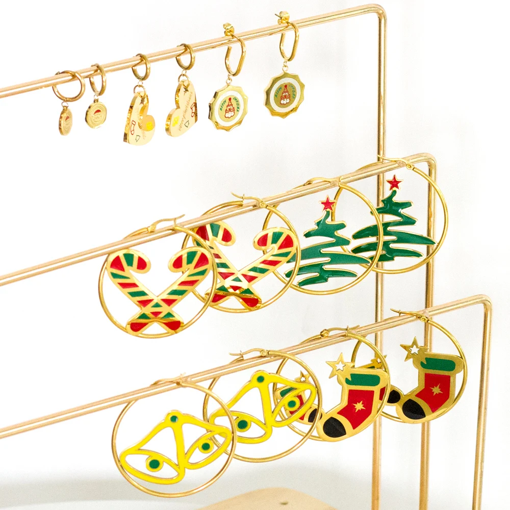 ASON Stainless Steel Earrings Christmas Xmas Tree Socks Crutches Bells Hoop Earring Cute Christmas Gift For Women Girl Jewelry