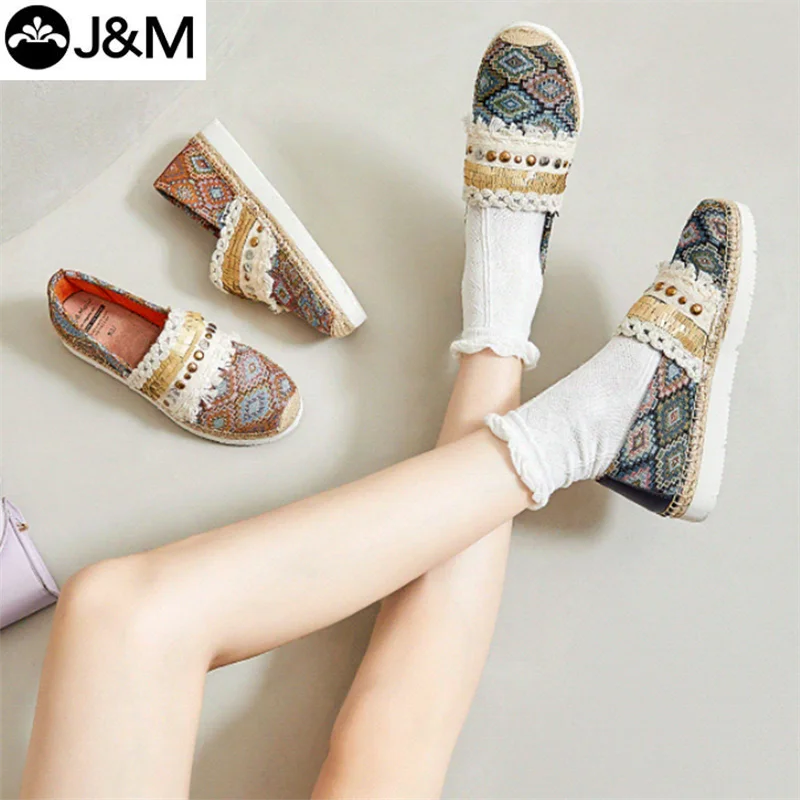 J & M-Espadrilles blanches Boho mocassins ronds Parker mocassins en caoutchouc à enfiler pour femmes, baskets décontractées pour filles