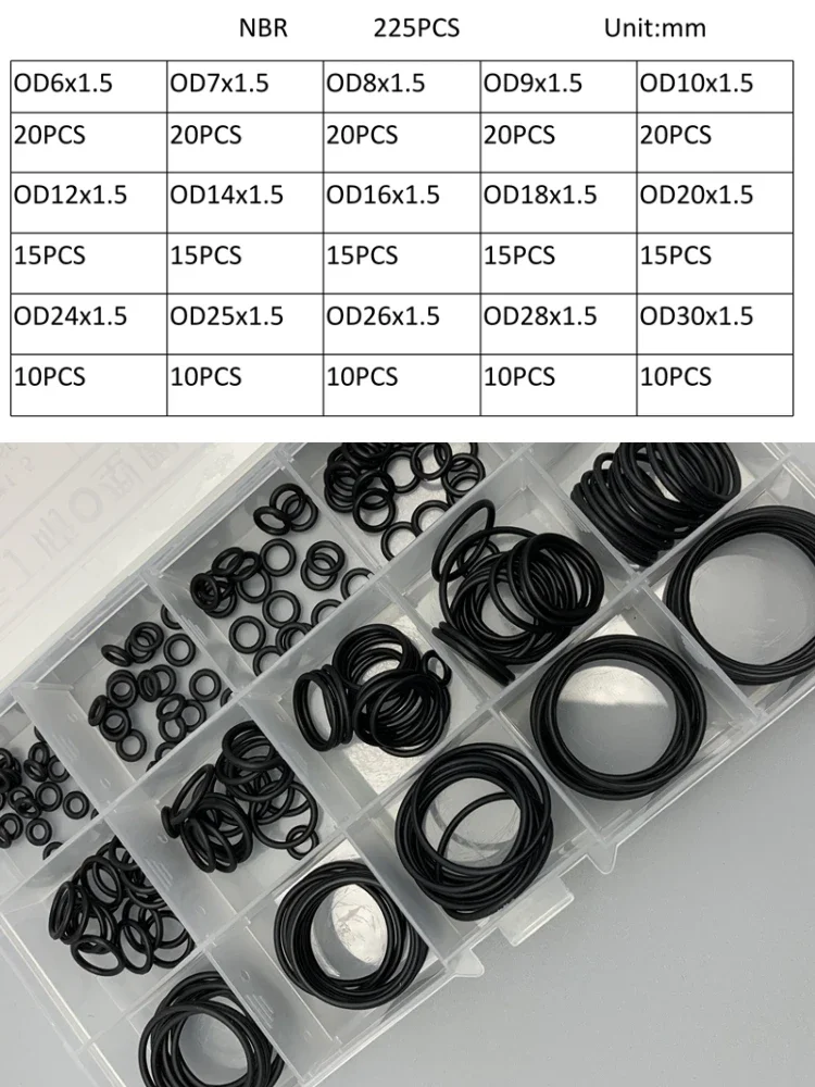 CS 1.5mm Black NBR O Ring Kit  225 Pcs Oil proof Watertight Seal For Kitchen Household Appliances and  plumbing repairs