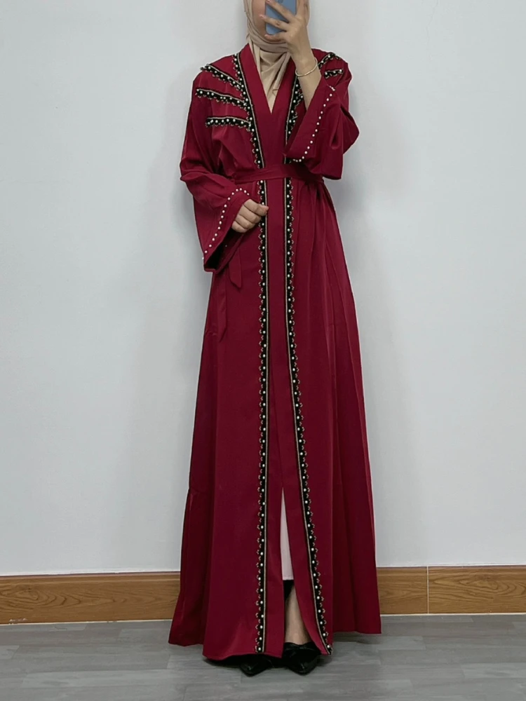 Women Eid Muslim Abaya Ramadan Morocco Dubai Cardigan Pearls Abayas Kaftan Vestidos Arab Modest Long Robe Beading Loose Belt