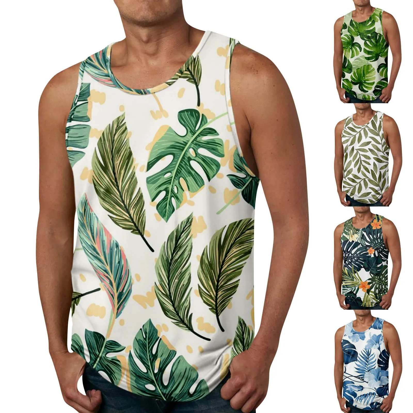 الرجال هاواي موضوع المطبوعة جولة الرقبة تصفح قمم للدبابات ، بلا أكمام ، عارضة ، أزياء ، الصيف ، عطلة