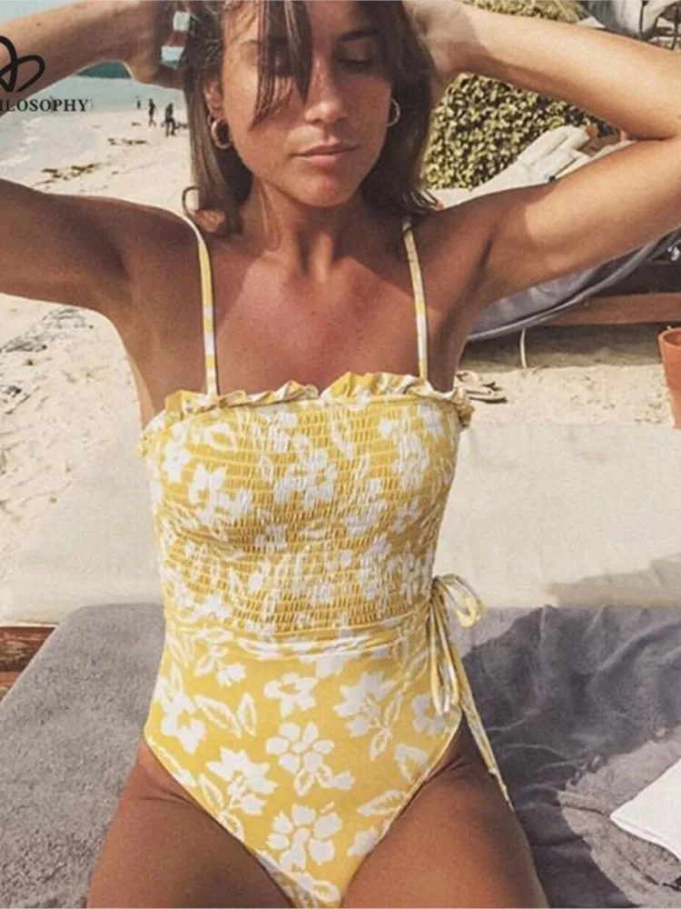 Bella philosophy Yellow Summer One piece Floral Print Swimsuit Women Push Up High Waist Girl Boho Swimwear
