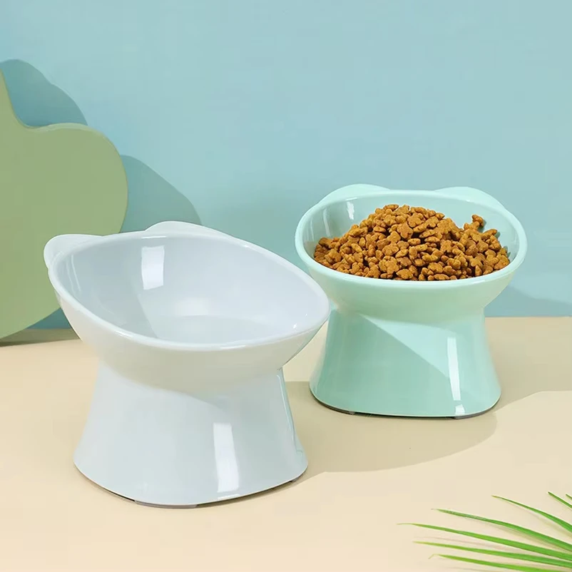 

New Tilted Cat Food Bowl Anti-tip Feeding and Drinking Bowl Anti Vomiting Plastic Double-ear High-leg Cat Bowl Pet Supplies