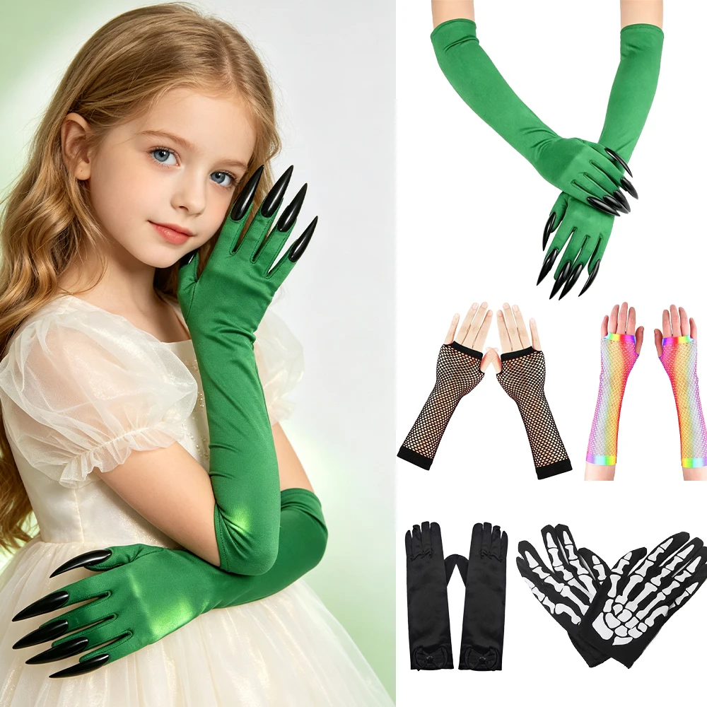 Halloween Witch Claw Gloves Green Skeleton Skull For Kids Christmas Carnival Cosplay Party Stage Props