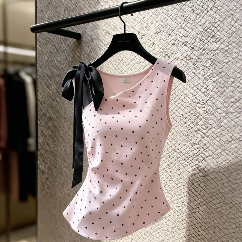 Tops Women Polka Dot Printed Diagonal Collar Bandage Slim Vintage