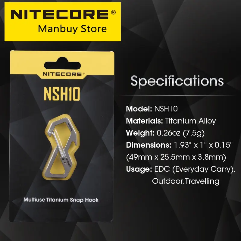 NITECORE NSH10 Multiuse Titanium Snap Hook 3-in-1 TC4 Bottle Opener Flat-head Screwdriver Keychain Backpack EDC Hanging Tool