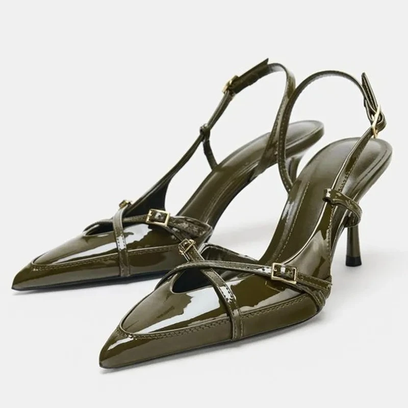 

Fashion Pointed Toe Cross Tied Pumps Women High Quality Patent Leather Buckle Slingback Designer Shoe Elegant Banquet Dress Shoe