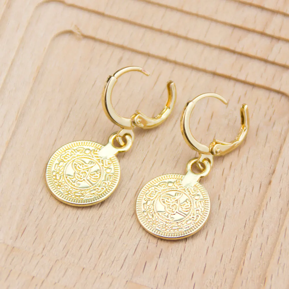Sunspicems Gold Color Arabic Women Earring Round Coin Pendant Kurdish Bridal Wedding Jewelry