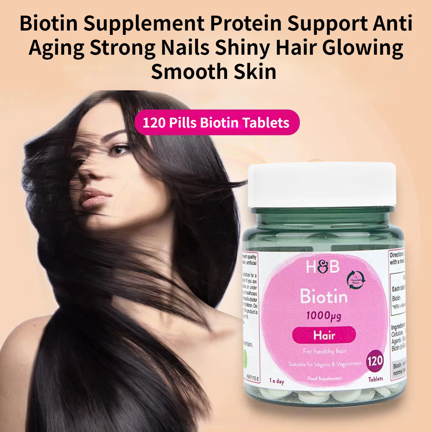 

1 Bottle 120 Pills Biotin Tablets Promote Hair Growth Support Health Prevention Hair Loss Nail Repair Beauty Health