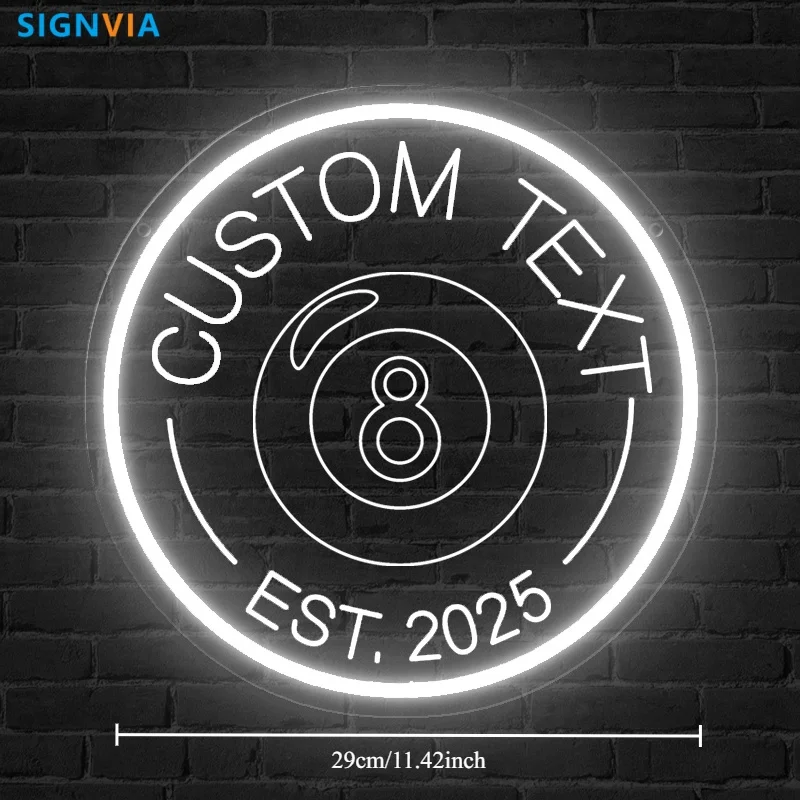 Custom LED Neon Billiards Eight Ball Sign with USB Power Round Metal Wall Art for Bar Club White Light Acrylic Back Easy Hang