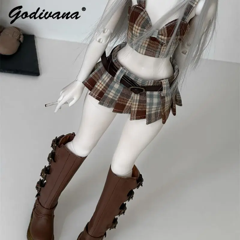 BJD Doll Streetwear Clothes Suspender Top with Pleated Skirt Belt Three Pieces Set Merad Plaid Skirt Daily Set for 1/4 1/3 Sd16