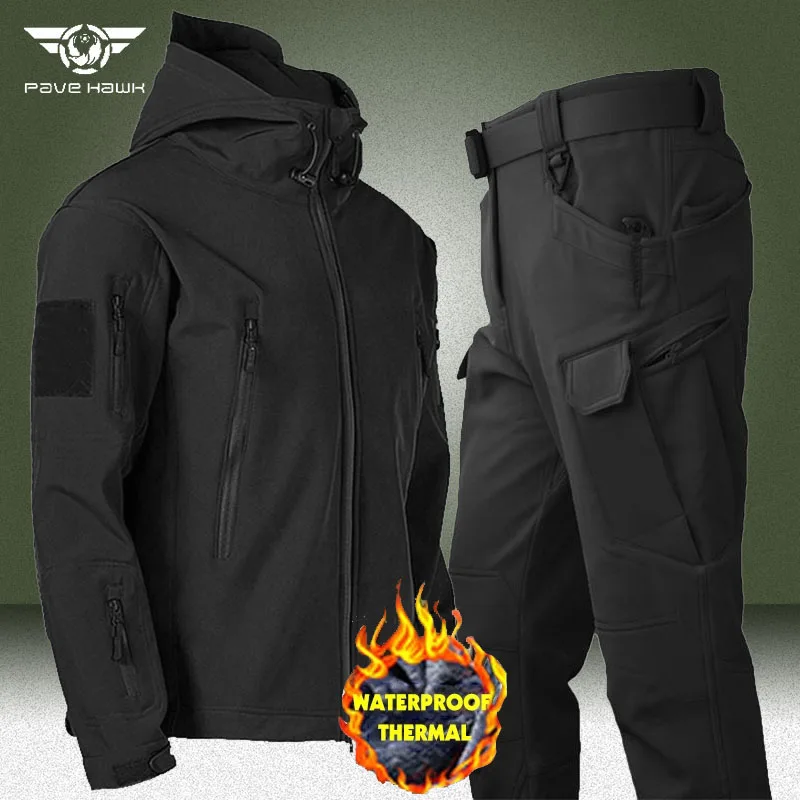 Outdoor Fleece Sets Men Autumn Winter Shark Skin Soft Shell Waterproof 2 Piece Set Windproof Warm Jackets Training Cargo Pants