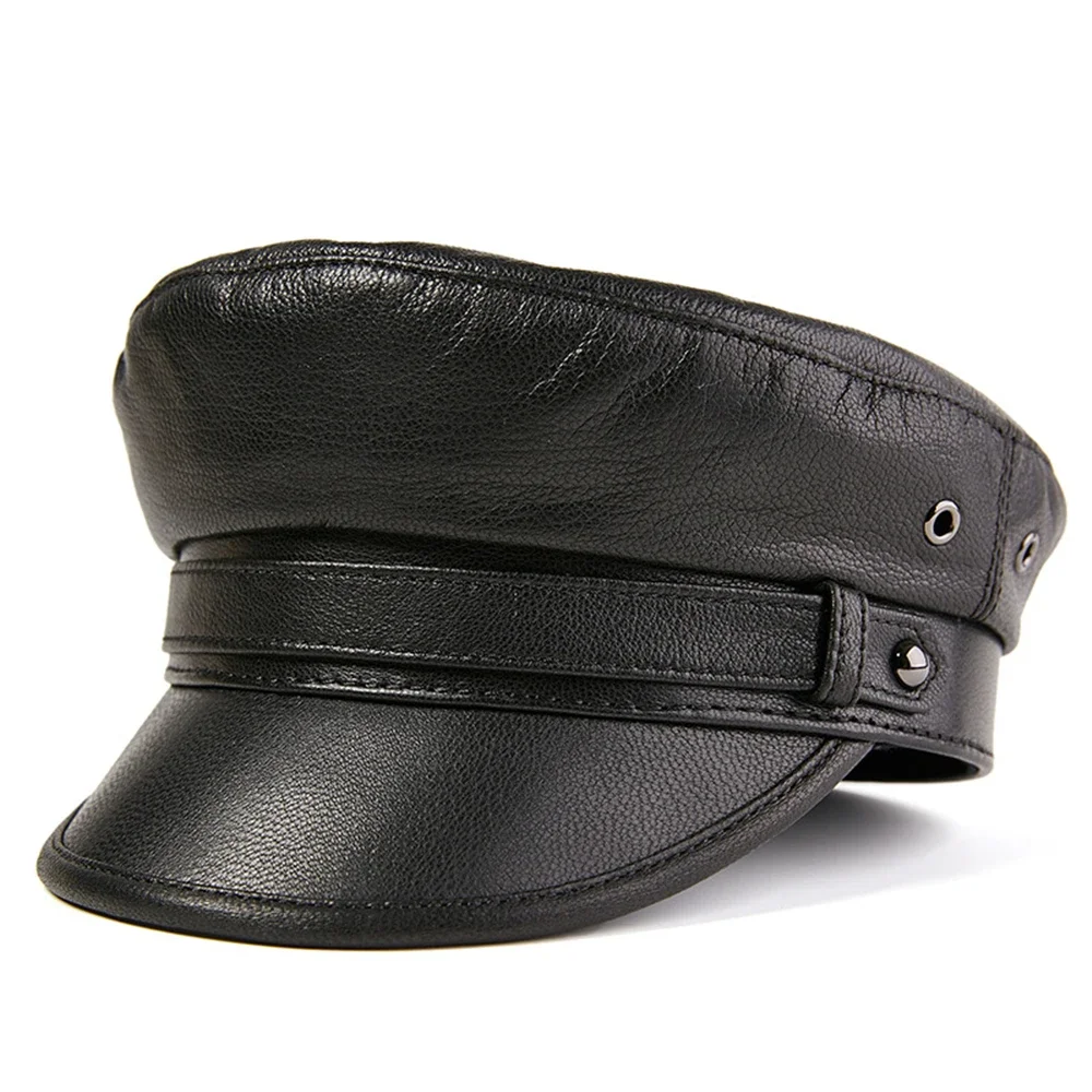 

BUTTERMERE Military Hat Men Women Real Leather Sailor Cap White Black Brown Autumn Winter Male Genuine Leather Military Cap