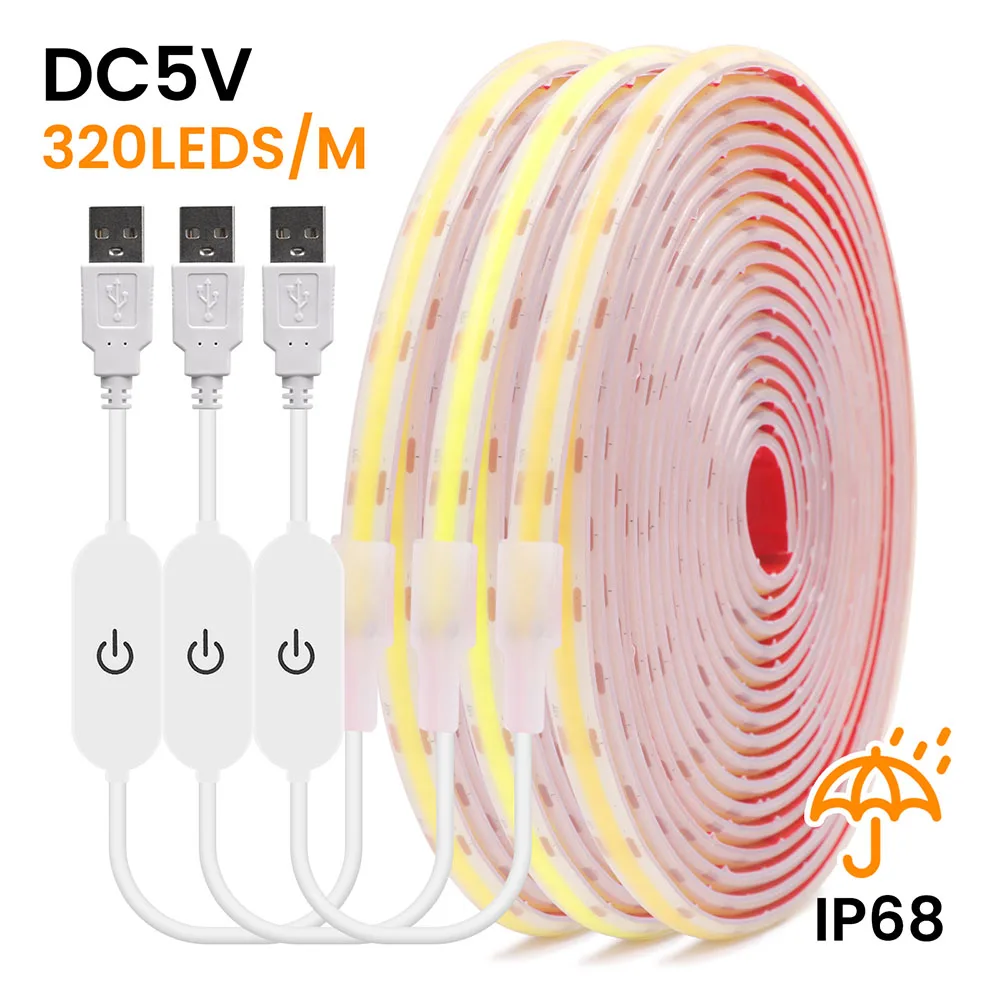 

5V Dimmable COB LED Strip Light USB Touch Dimmer IP68 Waterproof 3000K 4000K 6000K 320 LEDs Flex Tape Clear Lamp 0.5M 1M 2M 5M