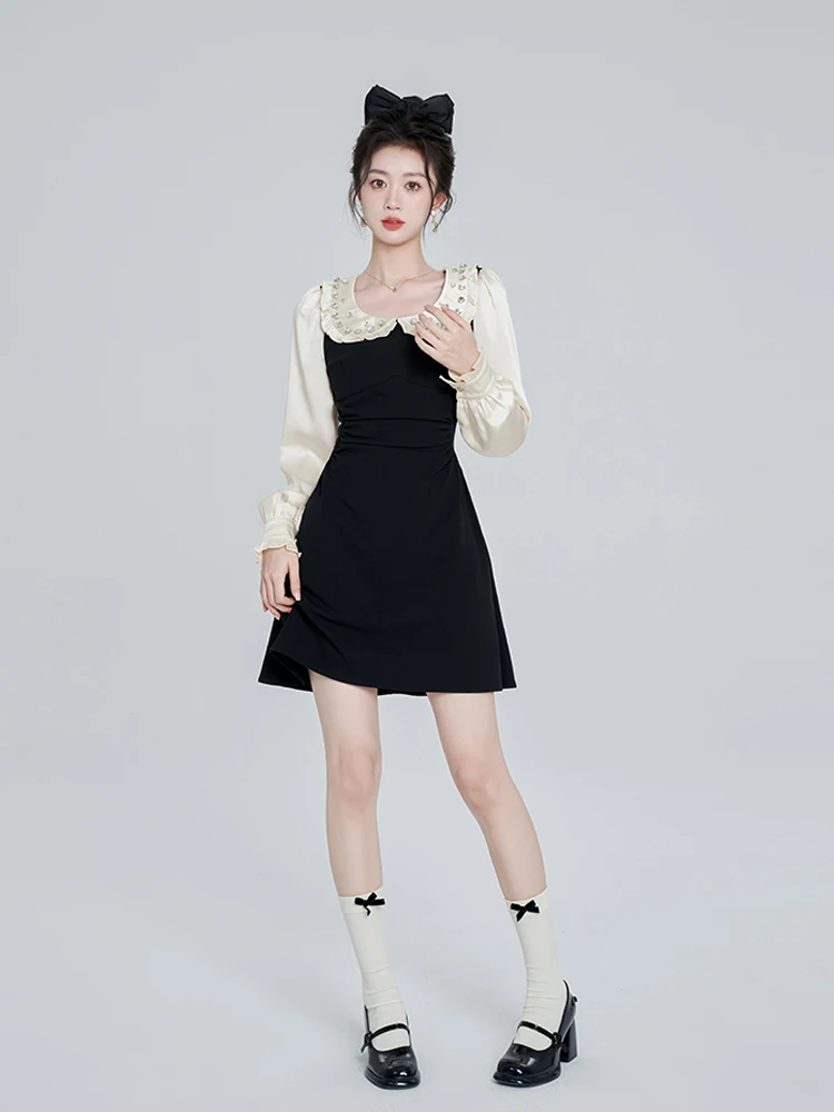 Fashion Rhinestone Doll Collar Women's Stitching Dress Spring Autumn Elegant Long Sleeve High Waist Slim Fit A- Line Dress