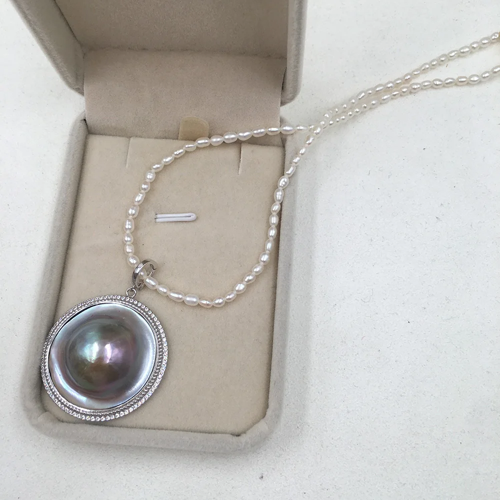 100% nature MABE pearl pendant necklace,925 silver metal-34 mm big HAT baroque pearl necklace,3 MM mini rice pearl choker