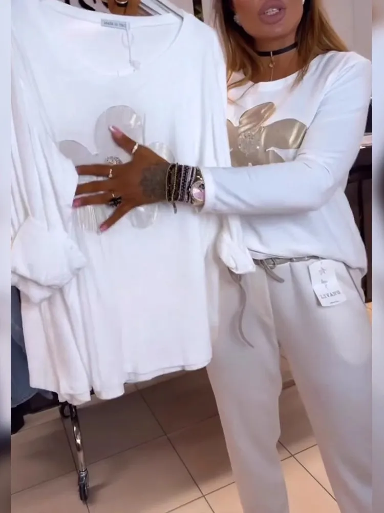 Spring Summer Women's New White T-shirt With Fashionable Flower Pattern Design Loose Casual Long Sleeves