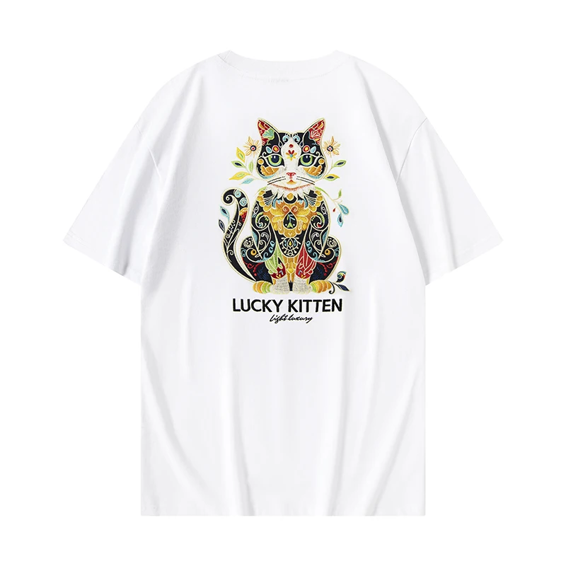 Harajuku T Shirt Men Cat Embroidery T Shirt Women Oversized Japanese Casual  Short Sleeve Cotton Tees High Quality Summer Tops