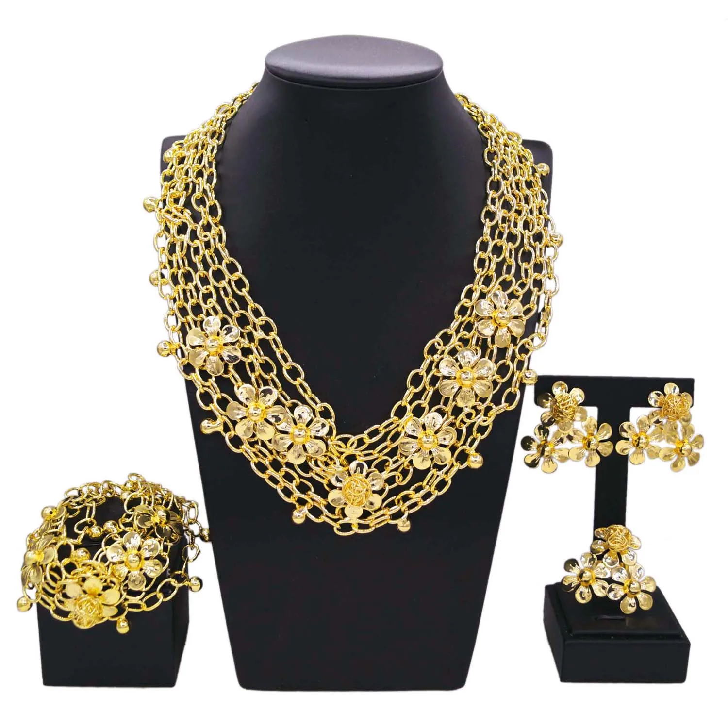 

Yulaili's new Italian hot women's jewelry set gold-plated flowers multi-layer hollow chain trend exquisite factory direct wholes