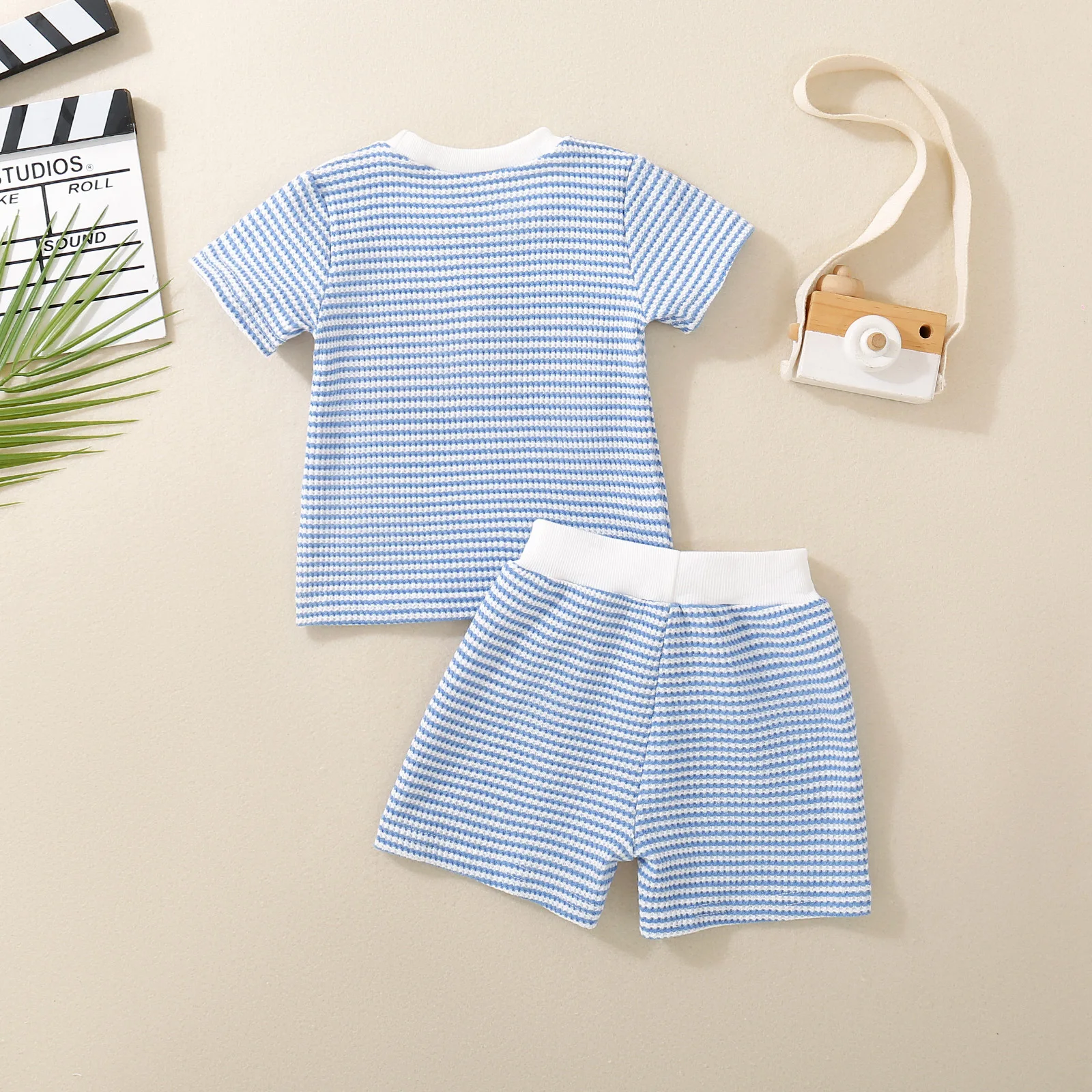 Summer Unisex Infant Independence Day Big Flag Embroidered Waffle Short Sleeve Top and Waffle Shorts Two-piece Set