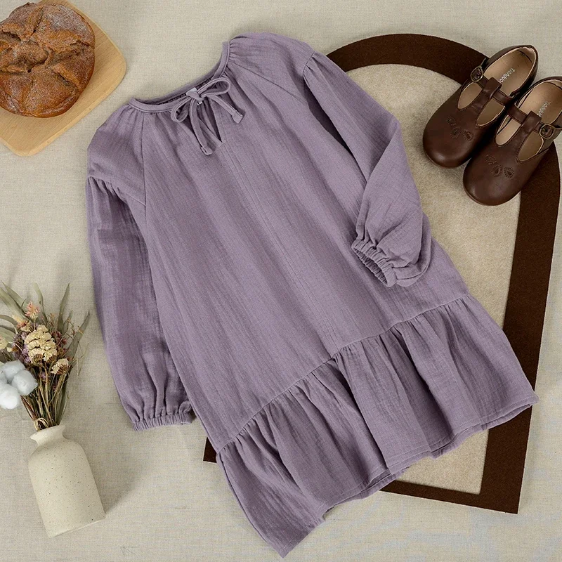 Girls' Lace-Up V-Neck Long-Sleeved Ruffled Dress 2026 New 100%Cotton Gauze Muslin Casual Loose Children's Dresses Autumn Clothes