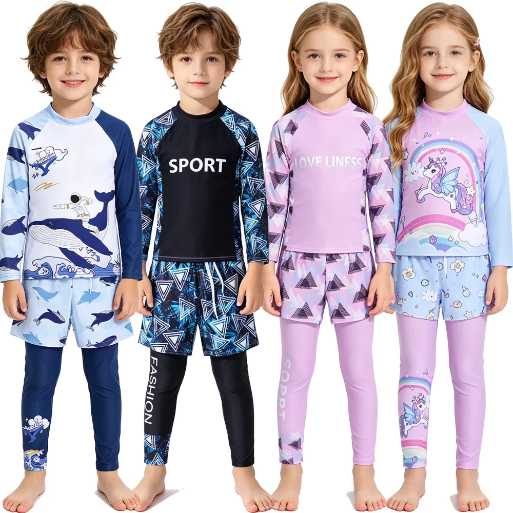 Kids 3Pcs Rash Guard Swimsuit Set Long Sleeve Split Swimwear Unicorn Astronaut Whale Beach Bathing Suit For 2-12Y Boys Girls