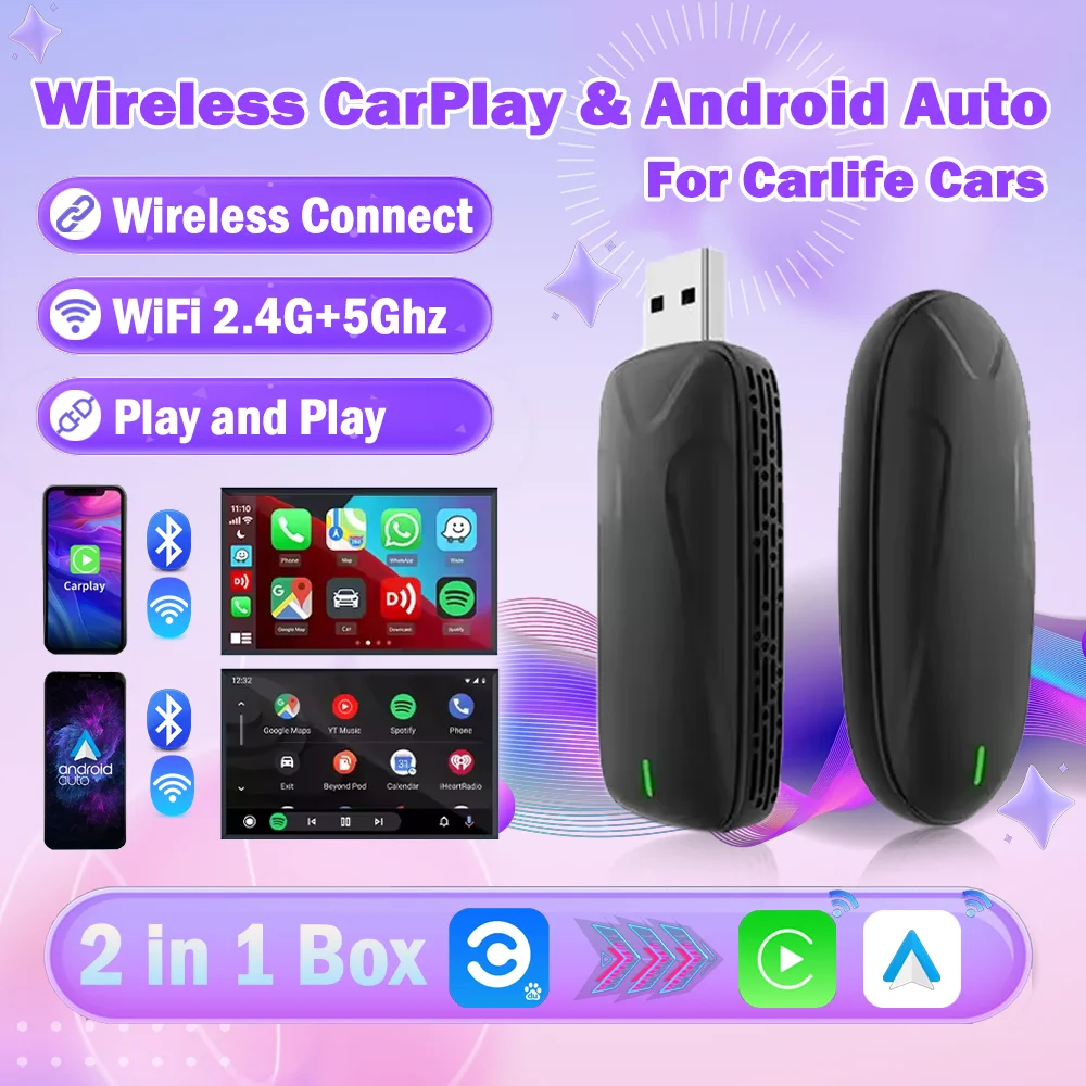 

CarlinKit Baidu Carlife Wired to Wireless CarPlay Android Auto Adapter 2in1 For Mercedes Benz, BMW, Honda, Toyota Plug and Play