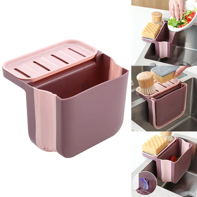 Suction Cup Kitchen Sink Strainer Drain Rack Foldable Soap Sponge Holder Vegetable Leftovers Drainer Basket Hanging Trash Can