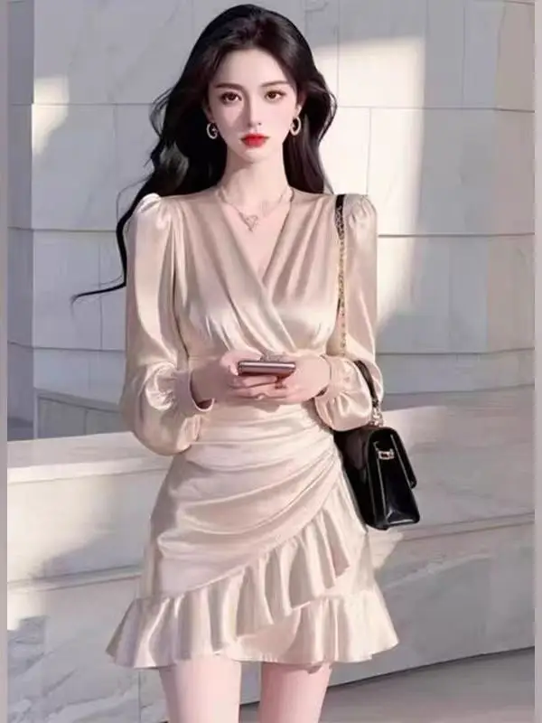 Ele Long Sve Satin Wrap Waist Dr Spring New Sle Faionable ort Skirt Women's Clothing Commute Lady Sle Polye...