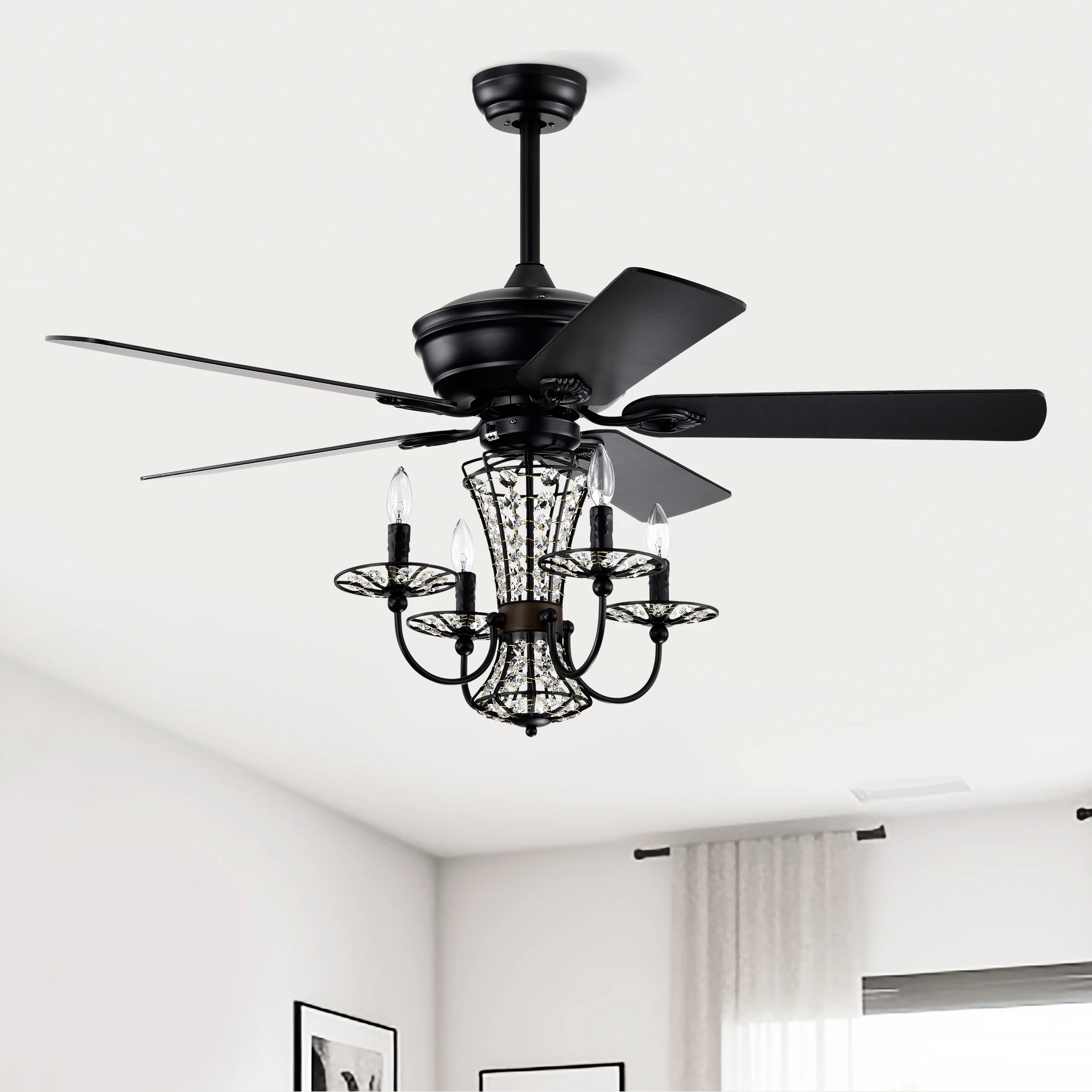 

52 Inch Crystal Chandelier Fan with Lights and Remote Control, Modern Ceiling Fan with Dual Finish Reversible Blades, Fandelier