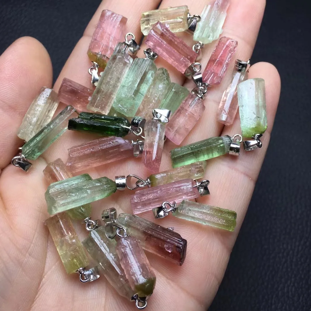 1Pc Fengbaowu Natural Colorful Transparent Raw Tourmaline Pendant 925 Sterling Silver Crystal Healing Stone Fashion Jewelry Gift