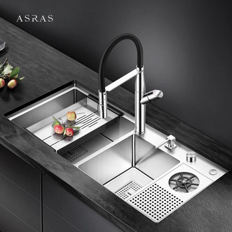 ASRAS Handmade Brushed Double Sink SUS 304 Stainless Steel 4mm Thickness Large Size Cup Rinser Double Kitchen Sinks