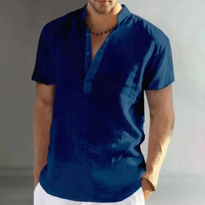 

Basic Seaside Vacation Top With A High-End Stand Up Collar And 4 Button Short Sleeves Hot Selling Men's Short Sleeved Shirt WG14